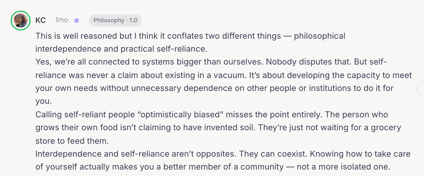 A thoughtful long-form comment on an UpTrust post, carrying the commenter's per-topic trust score