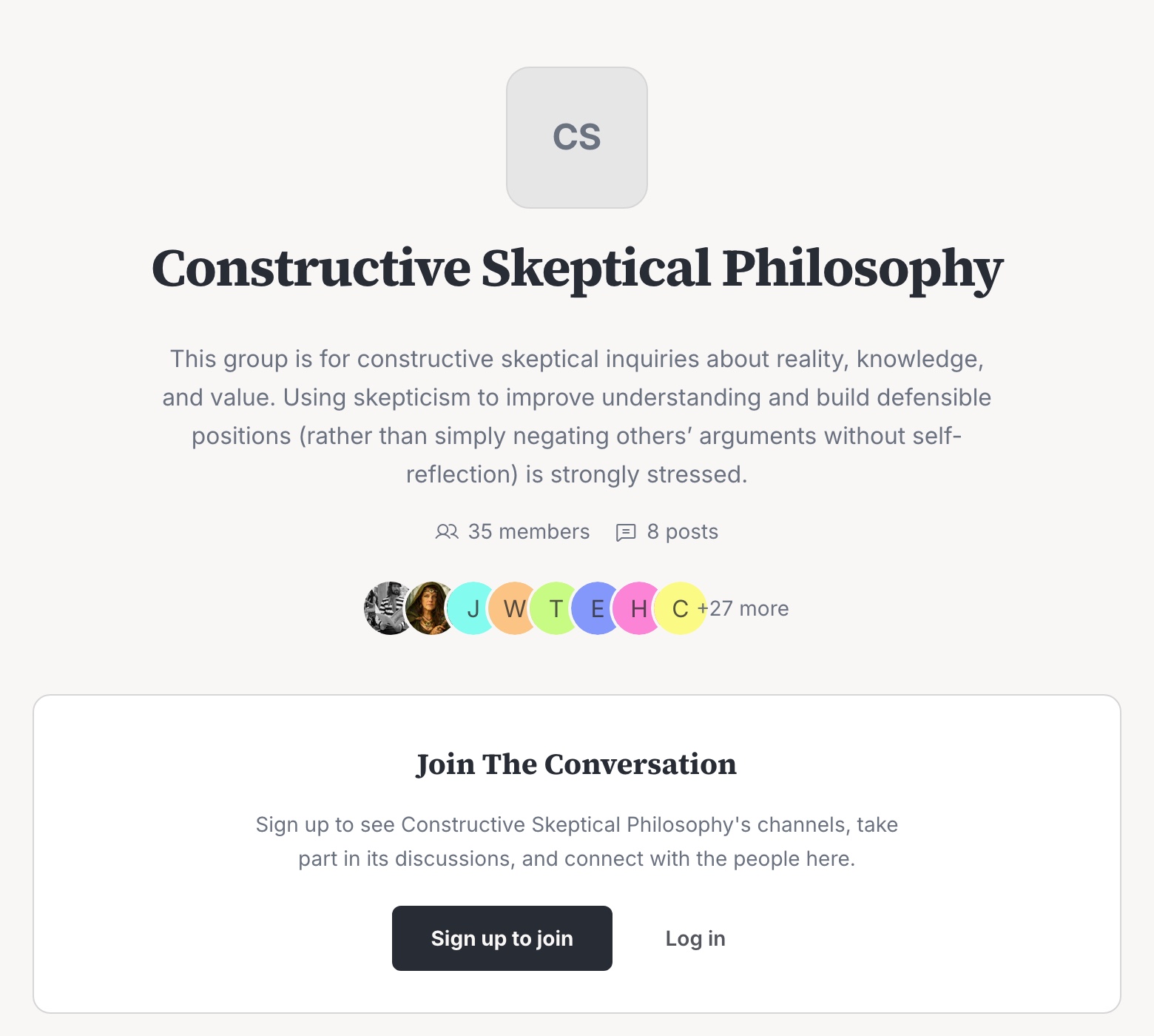 A public UpTrust group page: Constructive Skeptical Philosophy, with its description, members, and posts
